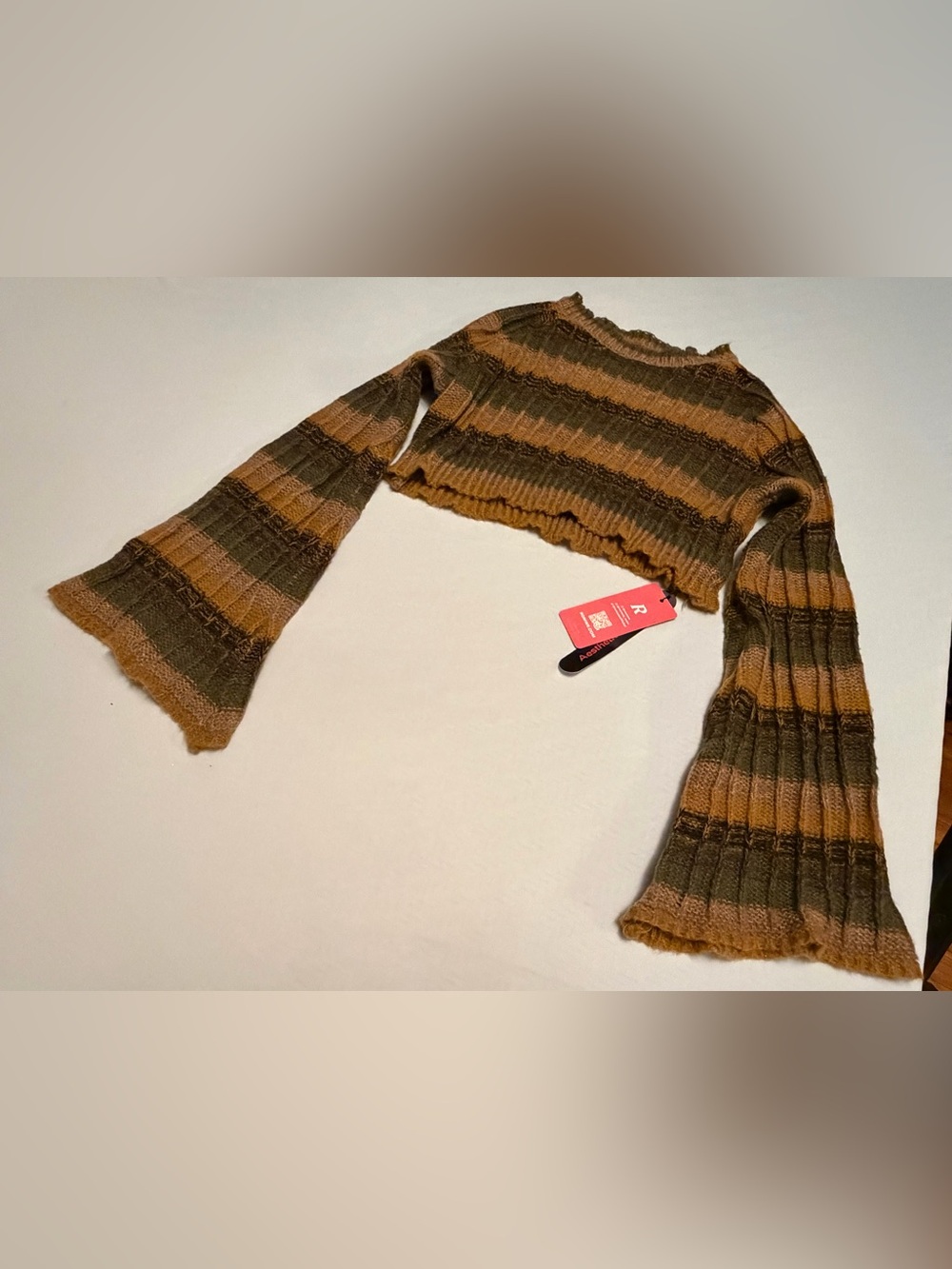 Womens Striped Bell-Sleeve Cropped Sweater - Brown/Olive